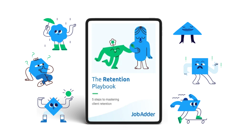 multiple cartoon around JobAdder Retention Playbook iPad